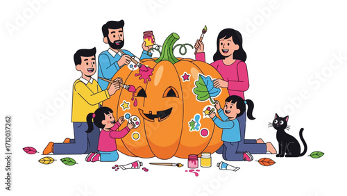 Family's Halloween Fun: A cheerful family creatively decorates a large pumpkin together, embracing the joyous spirit of Halloween with playful enthusiasm and shared laughter.