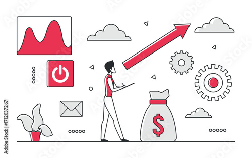 Businessman analyzing financial growth with red arrow, money bag, charts, and gears, representing profit, investment, and success isolated on white background vector illustration