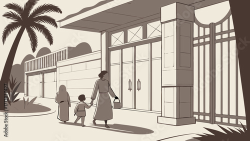 Family walking towards a building entrance sepia toned illustration.
