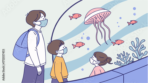 Family watching jellyfish and fish in an aquarium wearing face masks.