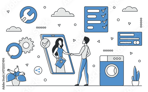 Digital handshake between user and support agent through mobile device, surrounded by service icons, checklist, and settings, representing online agreement and customer support vector illustration