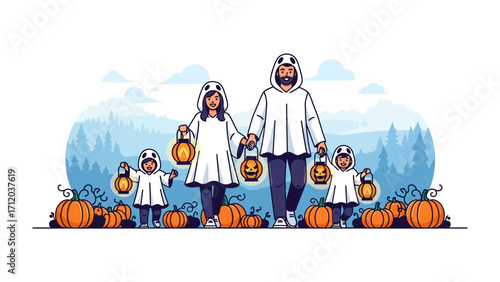 Halloween Family in costume: A family dressed as ghosts, holding lanterns and walking among pumpkins, set against a backdrop of a cool-toned forest.