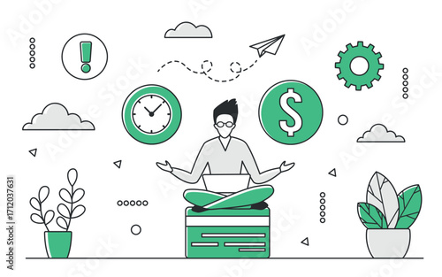 Modern freelancer meditating with laptop, surrounded by money, clock, and productivity icons, representing online business growth and digital entrepreneurship, isolated vector illustration