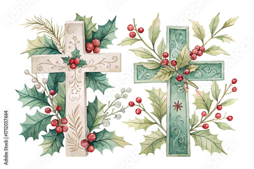 Watercolor Cross with Holly Decoration vector illustration isolated on white background