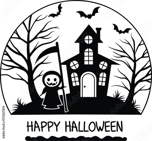 Vector art of happy halloween silhouette with a grim reaper and haunted house