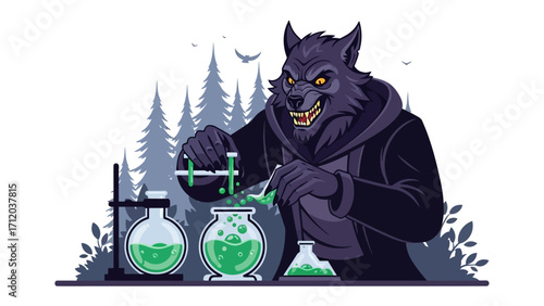 Mad Scientist Experiment: An illustrated image of a werewolf, attired in a lab coat, conducting a scientific experiment with bubbling potions, and a sinister gaze.