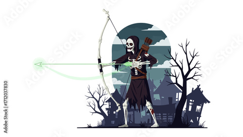 The Grim Archer: In a spine-chilling scene, a skeletal archer stands poised, bow drawn and arrow aimed, in front of a haunting silhouette house.