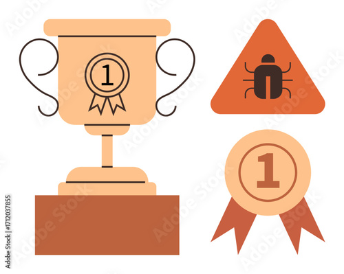 Gold trophy with ribbon, award badge displaying number one, and triangular bug warning sign. Ideal for success, excellence, achievement, competition, victory caution teamwork. Simple flat metaphor