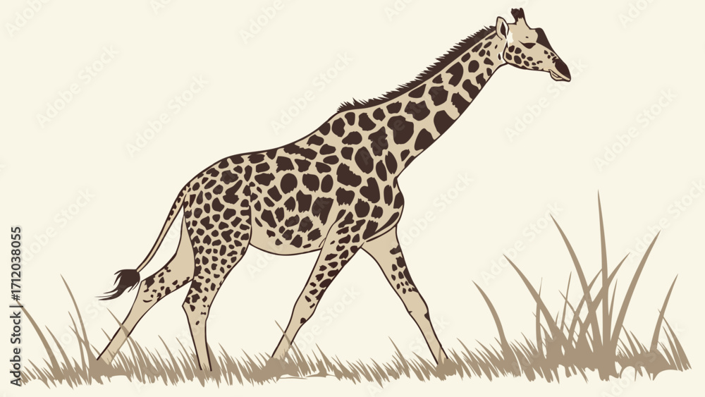 Obraz premium Giraffe walking in tall grass African wildlife illustration animal vector art safari design element.