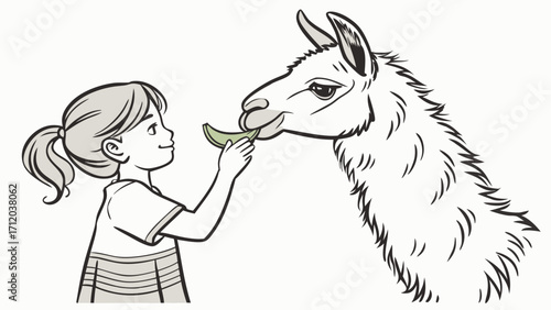 Girl feeding a llama a piece of fruit cartoon illustration child and animal friendship vector graphic.