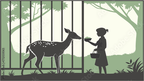 Girl Feeding a Deer Through a Fence in a Park Setting.