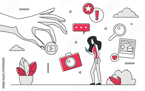 Modern hand-drawn style shows a woman with digital media icons like camera, play button, chat, and magnifier, highlighting online photo, image, and video sharing vector illustration