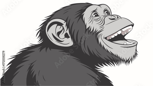 Happy Chimpanzee Illustration Grey Scale Ape Portrait Vector Animal Design Funny Monkey Face Primate Artwork.
