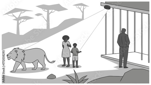A family observes a lion outside an enclosure a security camera monitoring the scene.