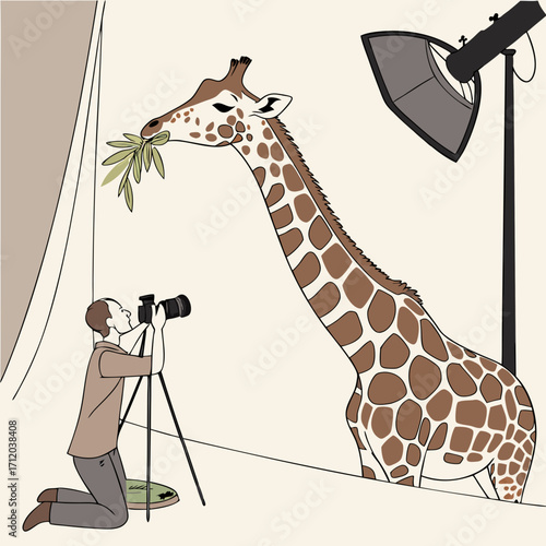 A photographer shoots a tall animal eating leaves in a studio setting.