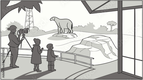 A photographer capturing a prehistoric animal exhibit with children observing.