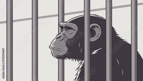 A primate behind bars monochrome illustration zoo animal captive animal conservation endangered species wildlife animal portrait vector art graphic design black and white somber mood.