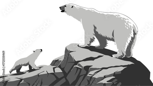 A Polar Bear and Cub on Rocks Wildlife Illustration Arctic Animal Monochrome Design.