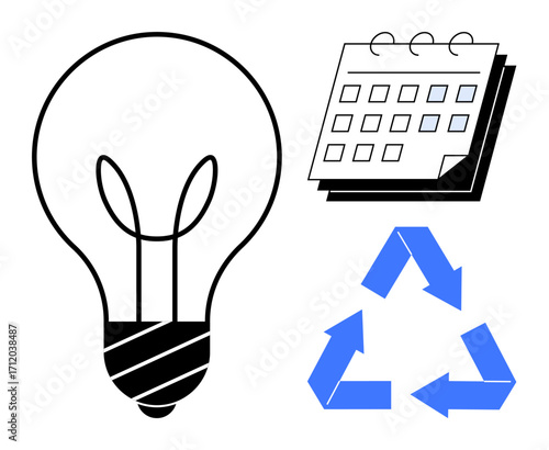 Black light bulb, calendar, and blue recycling arrows symbolizing innovation, planning, and sustainability. Ideal for eco-conscious initiatives, renewable energy, scheduling, environmental awareness