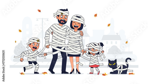 Family in Mummy Costumes: A family in Halloween costumes, wrapped like mummies, share a fun and spooky time. It showcases the joy of family fun and the spooky season spirit.