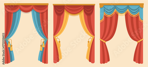 Luxury Curtain Set Vector – Red, Blue, Yellow Decorative Curtains with Golden Tassels and Cords, Hand Drawn Isolated Illustration for Interior, Home Decor, or Design Projects