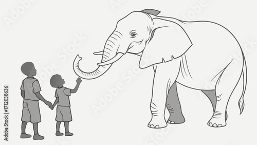 Illustration of children and an elephant African wildlife kids and animal interaction zoo safari nature scene wildlife conservation endangered species animal portrait childrens book illu.
