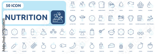 Nutrition icon set color outline style with fruits, meat, carbohydrate, vegetable, water, protein, mineral, calories, sugar, metabolism, supplement, nutrition plan, healthy food icons