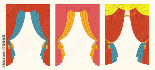 Luxury Curtain Set Vector – Red, Blue, Yellow Decorative Curtains with Golden Tassels and Cords, Hand Drawn Isolated Illustration for Interior, Home Decor, or Design Projects