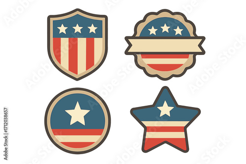 Vintage American sticker collection. USA patriotic emblem set with stars and stripes. Retro shield, star, and circle icons for Independence Day. Flat vector graphic.