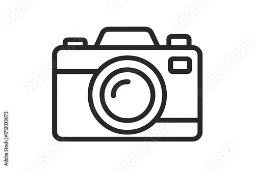 Camera icon for photography. Vector line art symbol. Digital photo equipment sign. Photographer hobby concept. Simple picture illustration. Professional dslr logotype element.