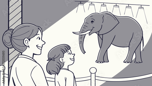 Adult and child viewing elephant zoo illustration family fun wildlife grey scale vector art.