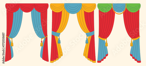 Luxury Curtain Set Vector – Red, Blue, Yellow Decorative Curtains with Golden Tassels and Cords, Hand Drawn Isolated Illustration for Interior, Home Decor, or Design Projects