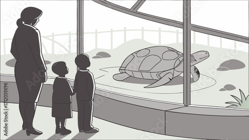 Adult and children observing a large tortoise in an enclosure.