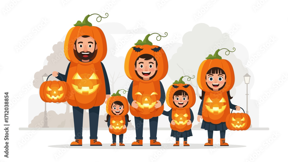 Fototapeta premium Halloween Family Fun: A joyous family embraces the spirit of Halloween, adorned in vibrant pumpkin costumes, ready to celebrate the spooky season with festive cheer. 