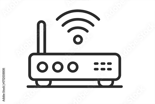Wi-Fi router line icon. Internet connection symbol. Wireless network technology concept. Broadband modem signal pictogram. Digital communication, data transmission vector design.