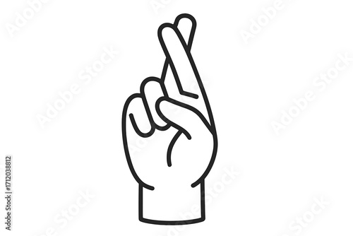 Crossed fingers hand gesture for good luck. Hope and wish concept. Superstition symbol. Fortune and luck sign. Lie or broken promise metaphor. Vector linear icon illustration.