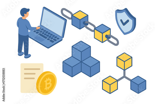 Blockchain technology cryptocurrency isometric set. Fintech concept with developer, bitcoin coin, secure transaction, smart contract, decentralized network. Web3 vector icons.