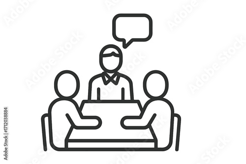 Business meeting icon. Teamwork, collaboration, communication. People at conference table. Brainstorming, interview, negotiation, workshop, seminar. Line art vector symbol.