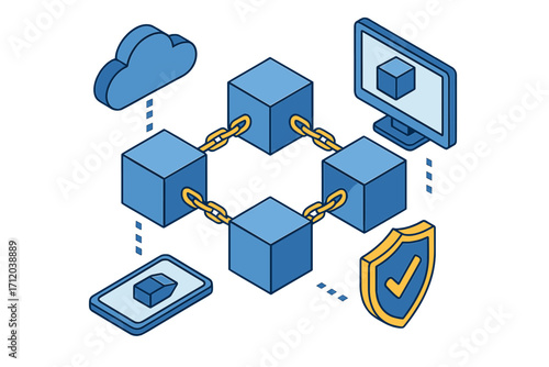 Blockchain technology isometric concept. Crypto currency, data security, decentralized network. Digital money, financial technology. Cloud computing, smartphone, computer connect.