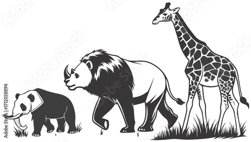 African Safari Animals Monochrome Illustration Wildlife Graphic Vector Art Zoo Animals Black and White Mammal Silhouette Endangered Species Conservation Nature Illustration Wild Animals.