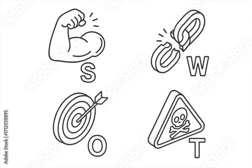 SWOT analysis line icon set for business strategy. Strengths, weaknesses, opportunities, threats matrix. Marketing audit and planning tool. Management assessment vector.