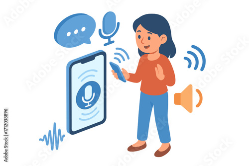Voice assistant technology concept. Woman using smartphone with voice control. Speech recognition and audio commands. Smart home AI helper. Sound wave and microphone icon.