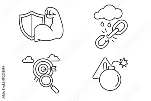 SWOT analysis line icon set. Business strategy symbols. Strength, weakness, opportunity, threat. Vector icons for resilience, risk management, goal achievement & vulnerability.