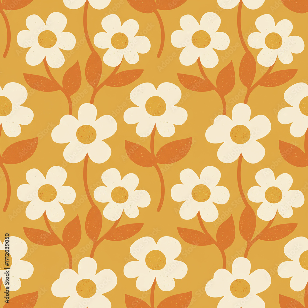 Groovy retro 70s seamless pattern with simple daisy flowers. A nostalgic floral background in warm mustard yellow and orange for a vintage aesthetic.