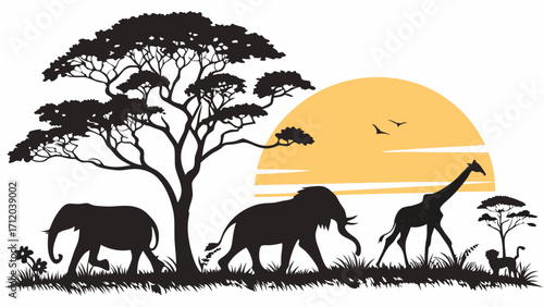 African Safari Sunset Silhouette Elephants Giraffe and Wildlife Illustration.