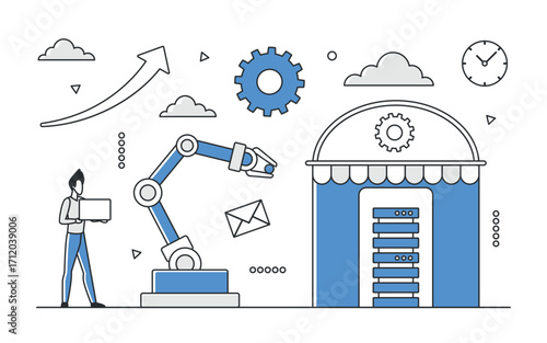 Modern robotic arm automates workflow in a digital factory, highlighting technology, efficiency, and innovation in business operations, isolated on white background vector illustration