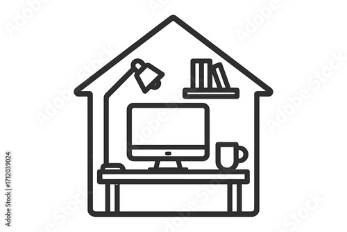 Work from home concept icon. Remote job symbol. Home office workspace. Freelance workplace interior. Telecommuting linear illustration. Desk with computer, lamp, books in house.