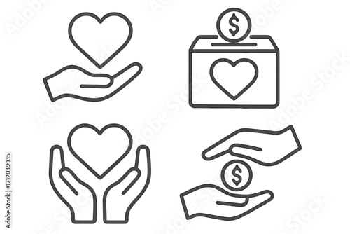 Charity, donation, volunteering icon set. Line art outline symbols of love, care, help, support. Hand giving heart, money saving, fundraising box. Financial aid concept.