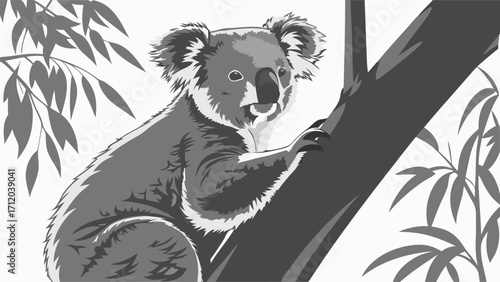 Koala Bear in Monochrome Style Climbing a Tree Wildlife Illustration Grey Scale Animal Art Eucalyptus Leaves Nature Design.