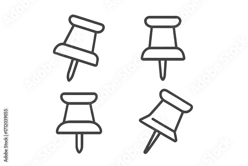 Push pin icon set. Thumbtack linear symbol collection. Office supply drawing pin for notice board. Vector illustration for mapping, location marker, or reminder.